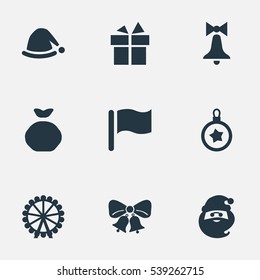 Set Of 9 Simple Christmas Icons. Can Be Found Such Elements As Bag, Decoration, Funfair And Other.