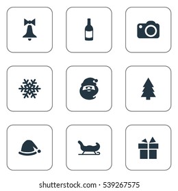 Set Of 9 Simple Christmas Icons. Can Be Found Such Elements As Christmas Character, Drink Bottle, Forest And Other.