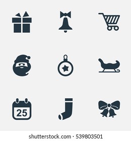 Set Of 9 Simple Christmas Icons. Can Be Found Such Elements As Christmas Character, Christmas Decoration, Present And Other.