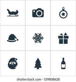 Set Of 9 Simple Christmas Icons. Can Be Found Such Elements As Snow, Drink Bottle, Forest And Other.