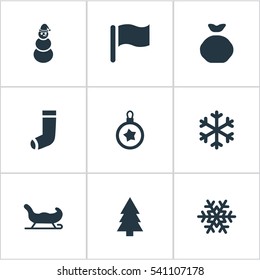 Set Of 9 Simple Christmas Icons. Can Be Found Such Elements As Snow, Bag, Pin And Other.