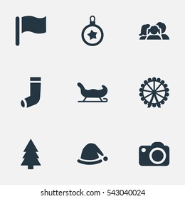 Set Of 9 Simple Christmas Icons. Can Be Found Such Elements As Funfair, Relatives, Sledge And Other.