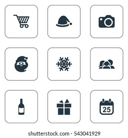 Set Of 9 Simple Christmas Icons. Can Be Found Such Elements As Calendar, Basket, Christmas Cap And Other.