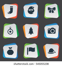 Set Of 9 Simple Christmas Icons. Can Be Found Such Elements As Bag, Christmas Decoration, Pin And Other.