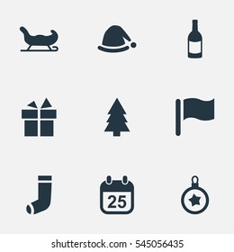 Set Of 9 Simple Christmas Icons. Can Be Found Such Elements As Sledge, Christmas Cap, Present And Other.