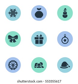 Set Of 9 Simple Christmas Icons. Can Be Found Such Elements As Ice Man, Relatives, Christmas Decoration And Other.