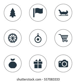Set Of 9 Simple Christmas Icons. Can Be Found Such Elements As Funfair, Sledge, Forest And Other.