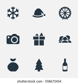 Set Of 9 Simple Christmas Icons. Can Be Found Such Elements As Bag, Christmas Cap, Forest And Other.