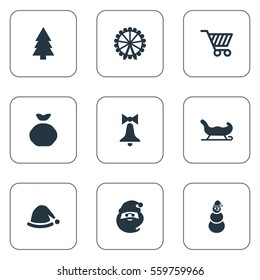 Set Of 9 Simple Christmas Icons. Can Be Found Such Elements As Funfair, Christmas Character, Forest And Other.