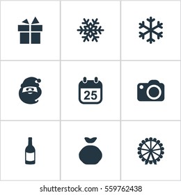 Set Of 9 Simple Christmas Icons. Can Be Found Such Elements As Present, Bag, Snow And Other.