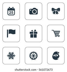 Set Of 9 Simple Christmas Icons. Can Be Found Such Elements As Calendar, Snow, Photography And Other.