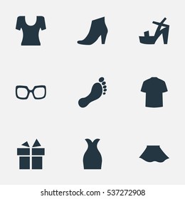 Set Of 9 Simple Clothes Icons. Can Be Found Such Elements As Eyeglasses, Attire, Man Clothing And Other.