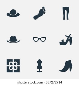 Set Of 9 Simple Clothes Icons. Can Be Found Such Elements As Mannequin, Head Accessory, Elegant Headgear And Other.