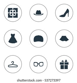 Set Of 9 Simple Clothes Icons. Can Be Found Such Elements As Present, Head Accessory, Present And Other.