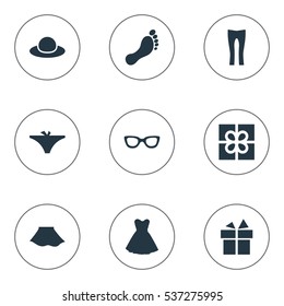 Set Of 9 Simple Clothes Icons. Can Be Found Such Elements As Elegant Headgear, Barefoot, Present And Other.