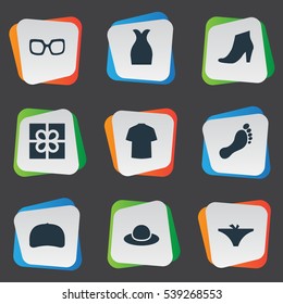 Set Of 9 Simple Clothes Icons. Can Be Found Such Elements As Panties, Present, Footwear And Other.