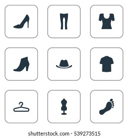 Set Of 9 Simple Clothes Icons. Can Be Found Such Elements As Barefoot, Man Clothing, Rack And Other.