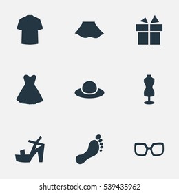 Set Of 9 Simple Clothes Icons. Can Be Found Such Elements As Attire, Eyeglasses, Elegant Headgear And Other.