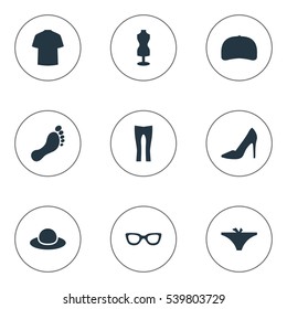 Set Of 9 Simple Clothes Icons. Can Be Found Such Elements As Mannequin, Pants, Barefoot And Other.