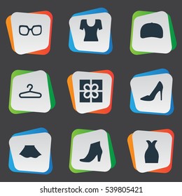 Set Of 9 Simple Clothes Icons. Can Be Found Such Elements As Eyeglasses, Rack, Female Cloth And Other.