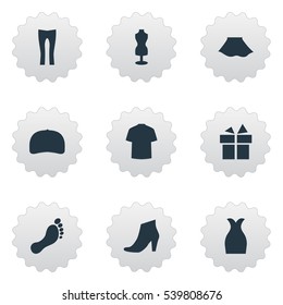 Set Of 9 Simple Clothes Icons. Can Be Found Such Elements As Cap, Attire, Barefoot And Other.