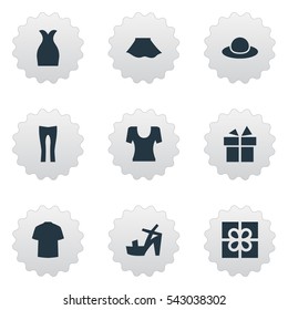 Set Of 9 Simple Clothes Icons. Can Be Found Such Elements As Female Cloth, Attire, Present And Other.
