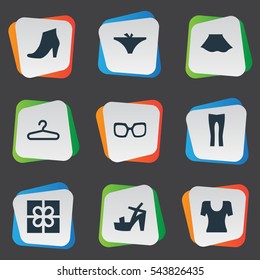 Set Of 9 Simple Clothes Icons. Can Be Found Such Elements As T-Shirt, Present, Female Cloth And Other.