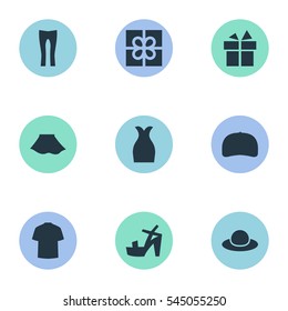 Set Of 9 Simple Clothes Icons. Can Be Found Such Elements As Present, Cap, Elegant Headgear And Other.