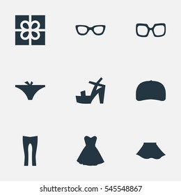 Set Of 9 Simple Clothes Icons. Can Be Found Such Elements As Footwear, Panties, Glasses And Other.