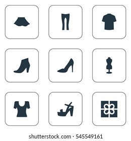 Set Of 9 Simple Clothes Icons. Can Be Found Such Elements As Man Clothing, Footwear, Female Cloth And Other.