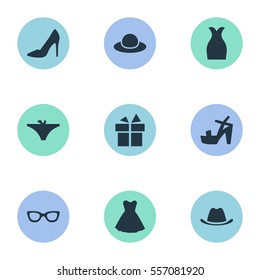 Set Of 9 Simple Clothes Icons. Can Be Found Such Elements As Head Accessory, Attire, Present And Other.