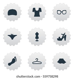 Set Of 9 Simple Clothes Icons. Can Be Found Such Elements As T-Shirt, Rack, Cap And Other.
