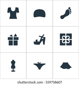 Set Of 9 Simple Clothes Icons. Can Be Found Such Elements As Cap, Mannequin, Panties And Other.
