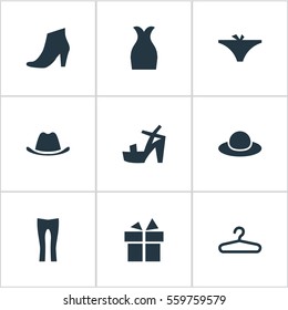 Set Of 9 Simple Clothes Icons. Can Be Found Such Elements As Panties, Pants, Elegant Headgear And Other.
