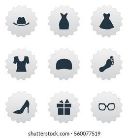 Set Of 9 Simple Clothes Icons. Can Be Found Such Elements As Barefoot, Present, Footwear And Other.
