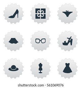 Set Of 9 Simple Clothes Icons. Can Be Found Such Elements As Present, Eyeglasses, Mannequin And Other.