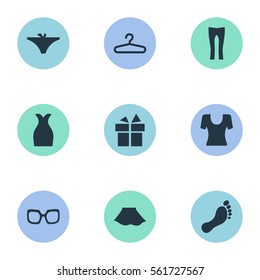 Set Of 9 Simple Clothes Icons. Can Be Found Such Elements As Pants, Rack, Present And Other.