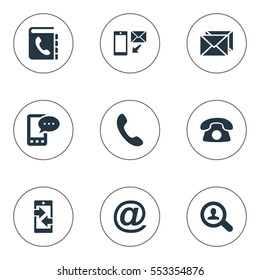Set Of 9 Simple Communication Icons. Can Be Found Such Elements As Job Research, E-Mail Symbol, Correspondence And Other.