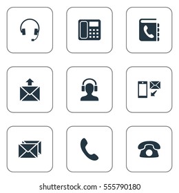 Set Of 9 Simple Communication Icons. Can Be Found Such Elements As Earpiece, Earphone, Correspondence And Other.