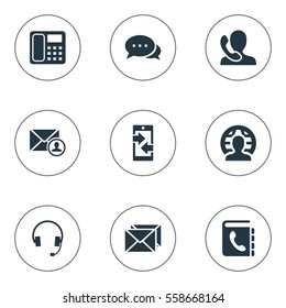 Set Of 9 Simple Connect Icons. Can Be Found Such Elements As Speaking Human, Telephone Directory, Monitor And Other.