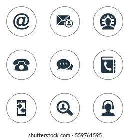 Set Of 9 Simple Connect Icons. Can Be Found Such Elements As Job Research, Telephone Directory, Earpiece And Other.
