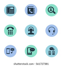 Set Of 9 Simple Connect Icons. Can Be Found Such Elements As Telephone Directory, Earphone, New-Come Letter And Other.