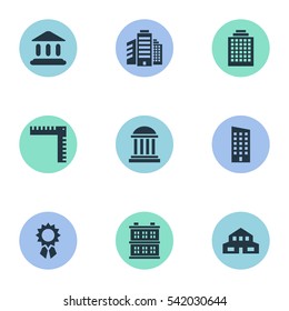 Set Of 9 Simple Construction Icons. Can Be Found Such Elements As Reward, Offices, Superstructure And Other.