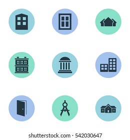 Set Of 9 Simple Construction Icons. Can Be Found Such Elements As Glazing, Construction, Gate And Other.