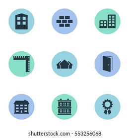 Set Of 9 Simple Construction Icons. Can Be Found Such Elements As Stone, School, Length And Other.
