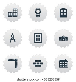 Set Of 9 Simple Construction Icons. Can Be Found Such Elements As Glazing, School, Length And Other.