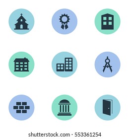 Set Of 9 Simple Construction Icons. Can Be Found Such Elements As School, Popish, Engineer Tool And Other.