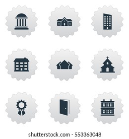Set Of 9 Simple Construction Icons. Can Be Found Such Elements As Reward, Shelter, Popish And Other.