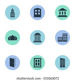 Set Of 9 Simple Construction Icons. Can Be Found Such Elements As Gate, Structure, Academy And Other.
