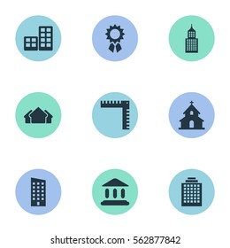 Set Of 9 Simple Construction Icons. Can Be Found Such Elements As Offices, Length, Structure And Other.